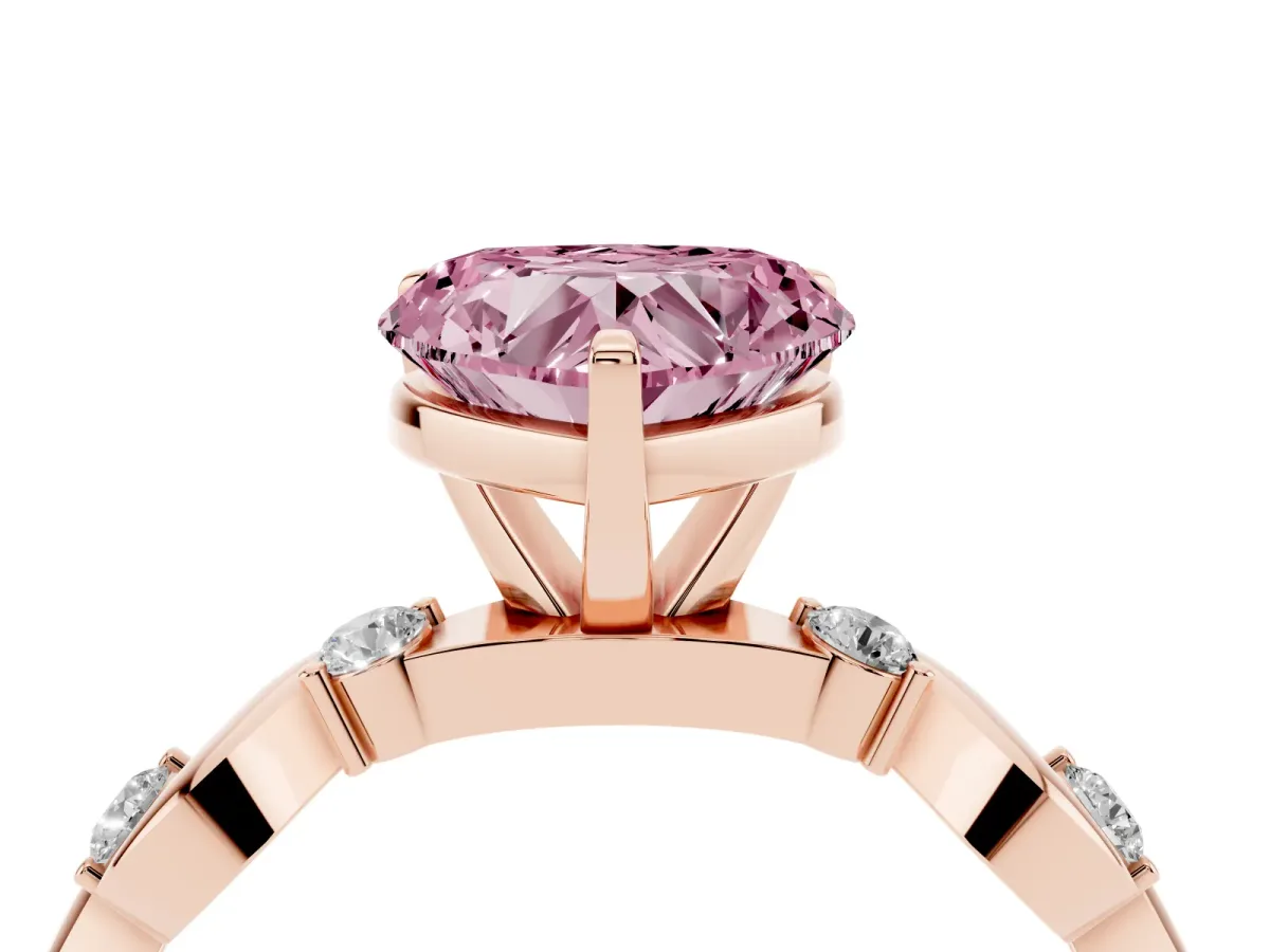 Fancy Pink Heart Cut Diamond Solitaire Twisted Band with Round Accents and Prong Setting Rose gold
