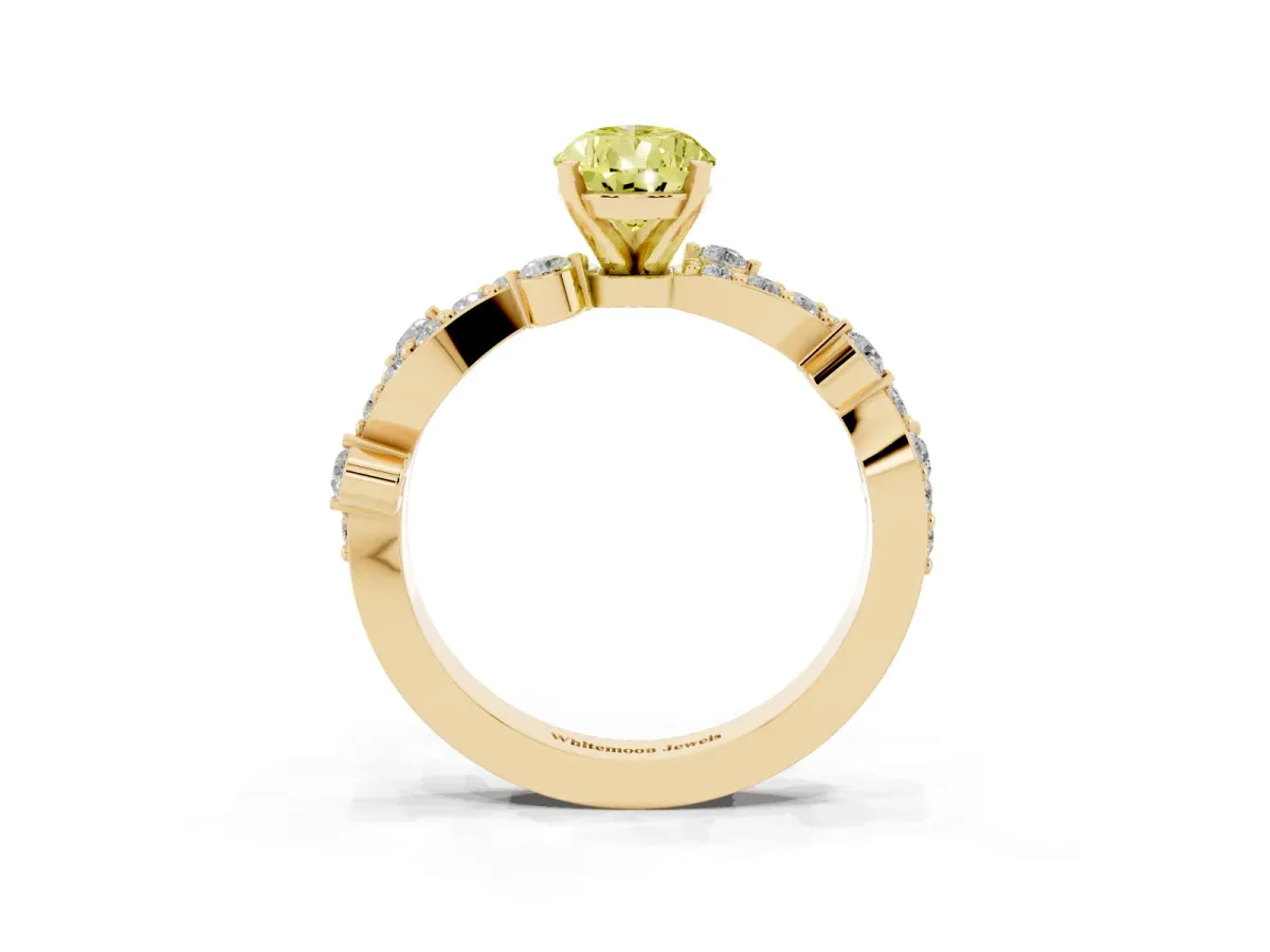 Fancy Yellow Pear Cut Cut Solitaire Diamond Twisted Band with Pave Setting Yellow gold