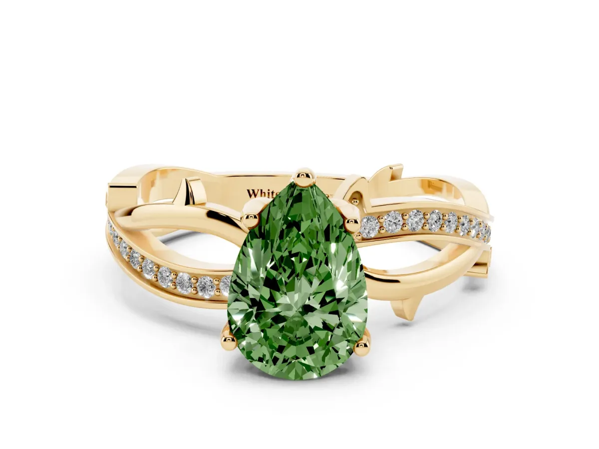 Fancy Green Pear Cut Solitaire Twist Band with Pavé Accents and Four-Prong Setting Yellow gold