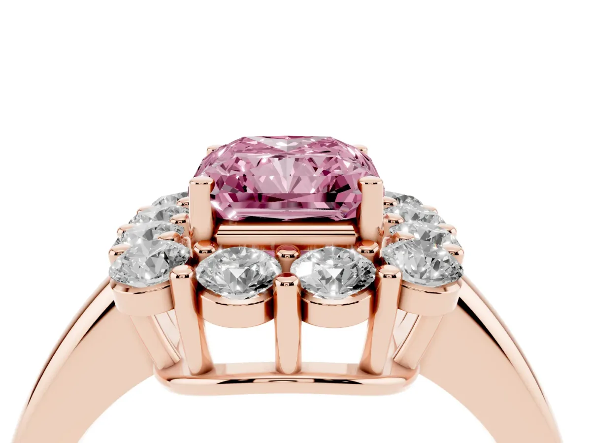 Fancy Pink Radiant Cut Halo Cluster Diamond Engagement Ring with Prong Setting and Polished Band Rose gold