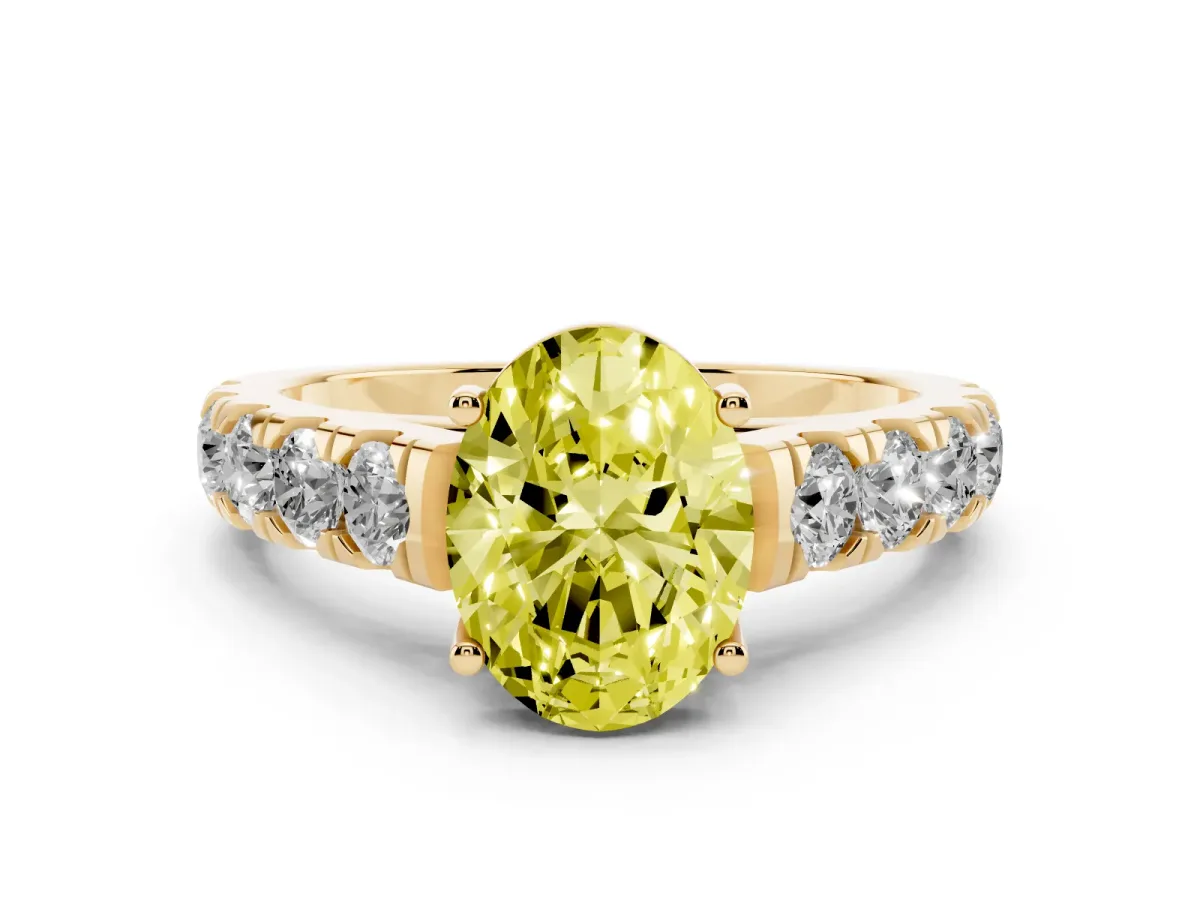 Fancy Yellow Oval Cut Cut Diamond Solitaire Ring with Micro Pave Band and Prong Setting Yellow gold