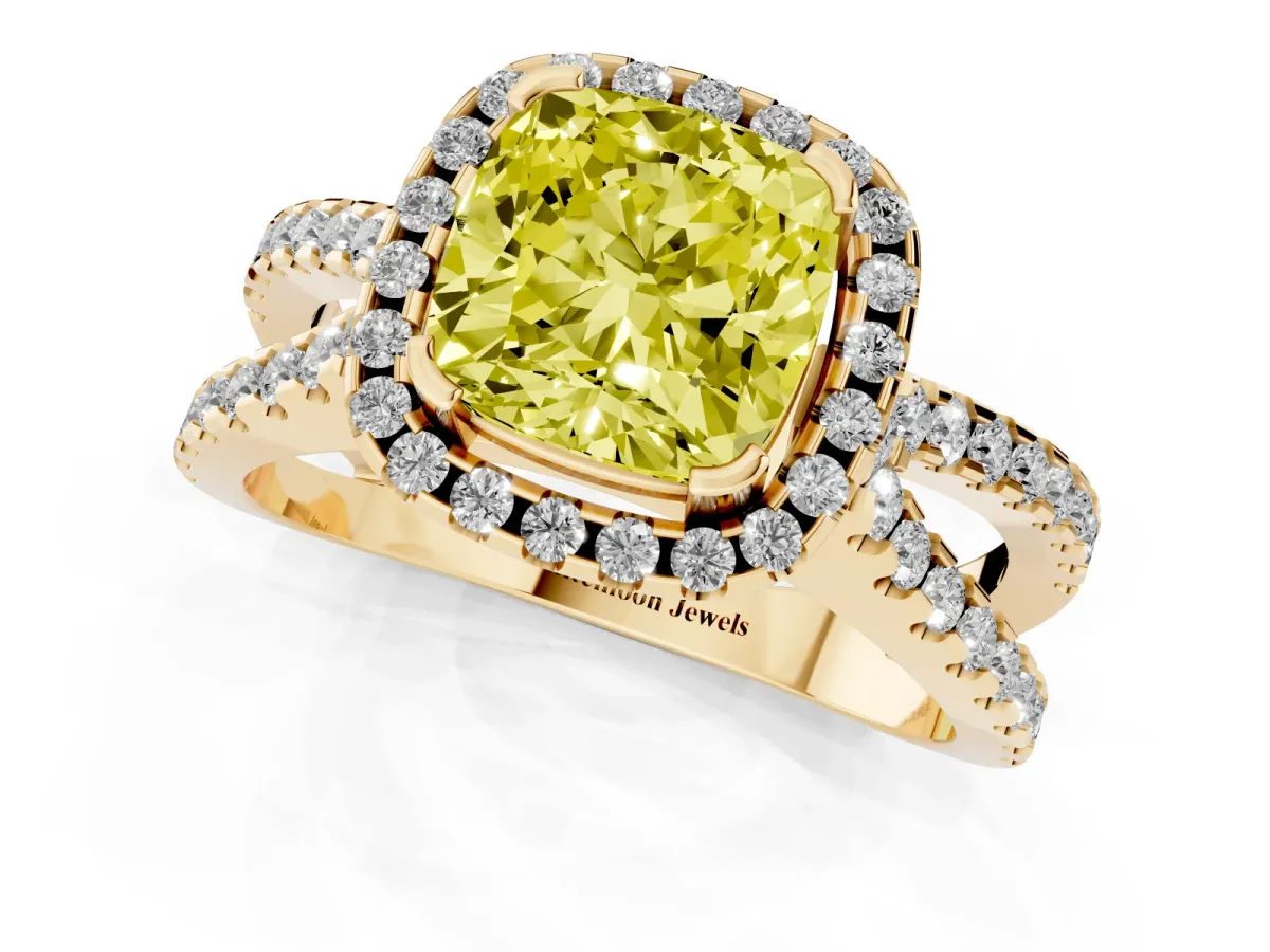 Fancy Yellow Cushion Cut Diamond Halo Ring with Split Shank Pavé Band and Prong Setting Yellow gold