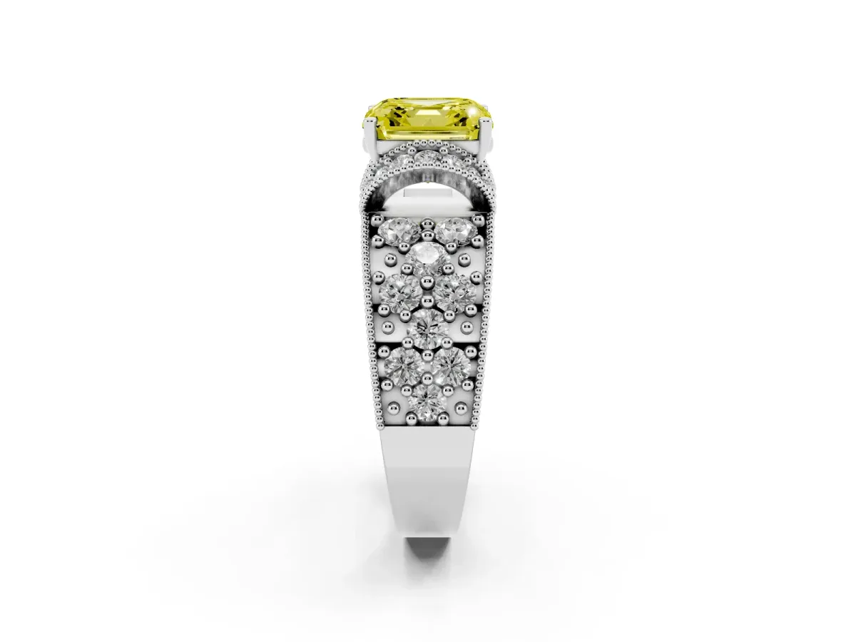 Fancy Yellow Asscher Cut Halo Pave Diamond Engagement Ring with Milgrain Detailing Platinum