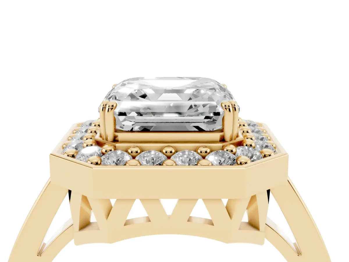 Asscher Cut Diamond Halo Ring with Split Shank and Four-Prong Setting Yellow gold