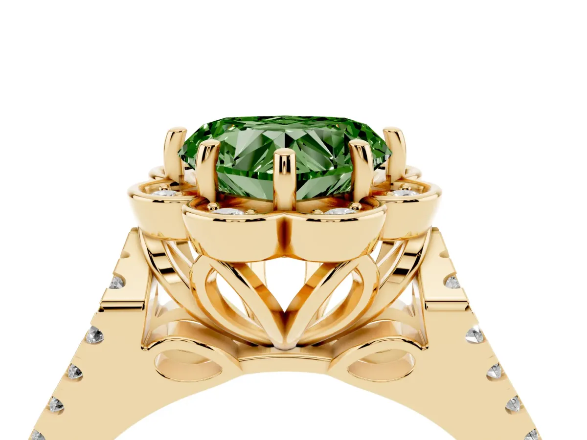 Fancy Green Heart Cut Halo Diamond Floral Split Shank Engagement Ring Yellow gold