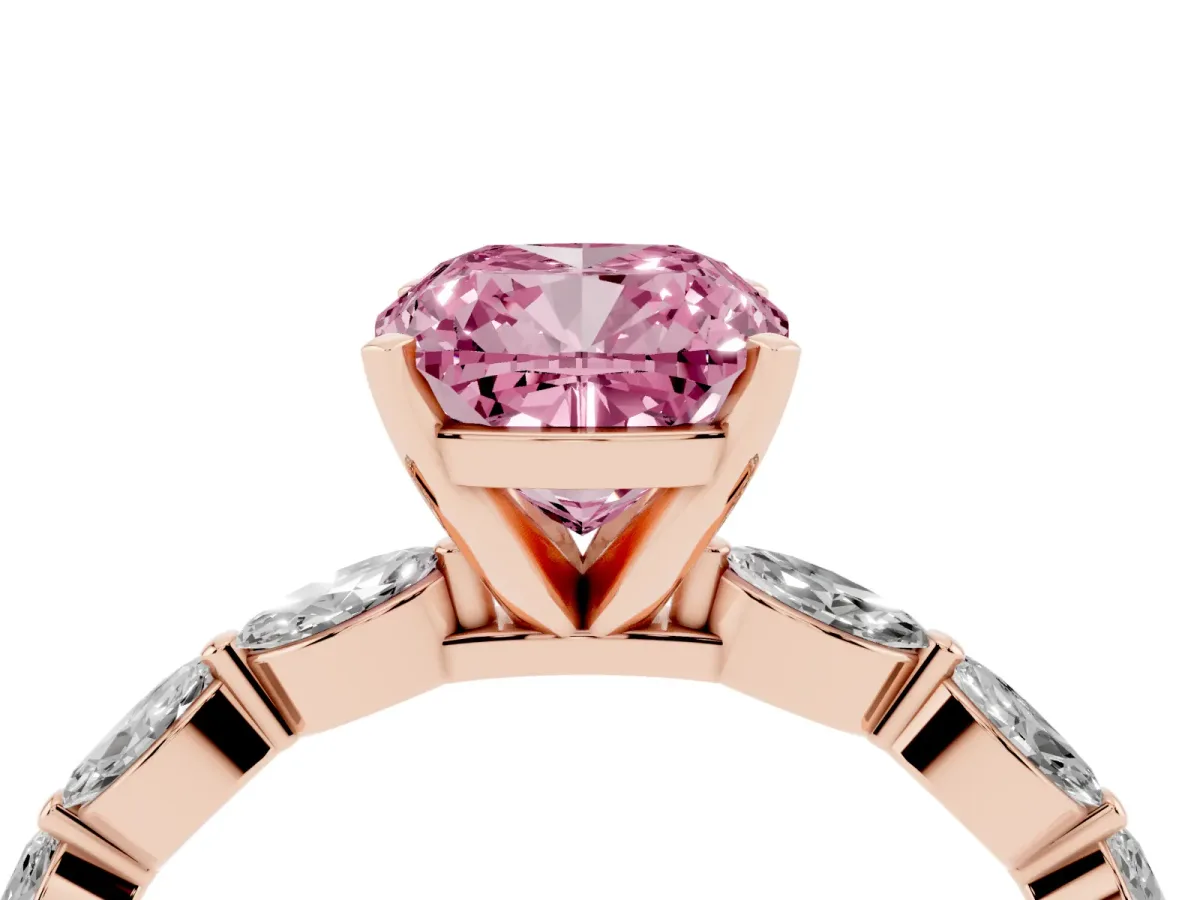 Fancy Pink Cushion Cut Diamond Ring with Marquise Side Stones and Prong Setting Rose gold