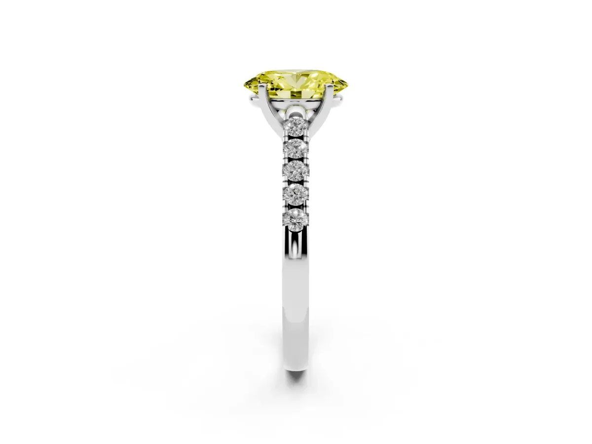 Fancy Yellow Oval Cut Diamond Pavé Band Solitaire Ring with Prong Setting Silver