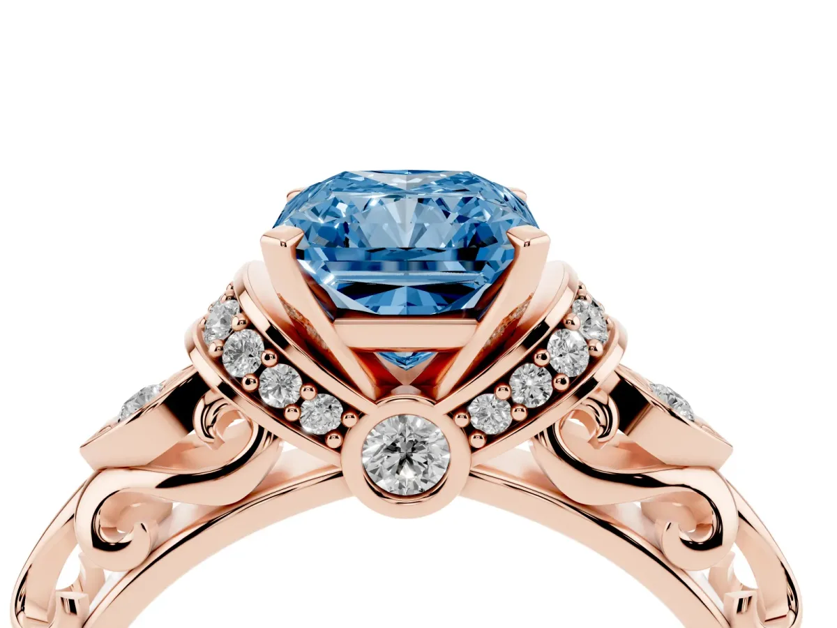 Fancy Blue Radiant Cut Diamond Solitaire Ring with Filigree Band and Four-Prong Setting Rose gold