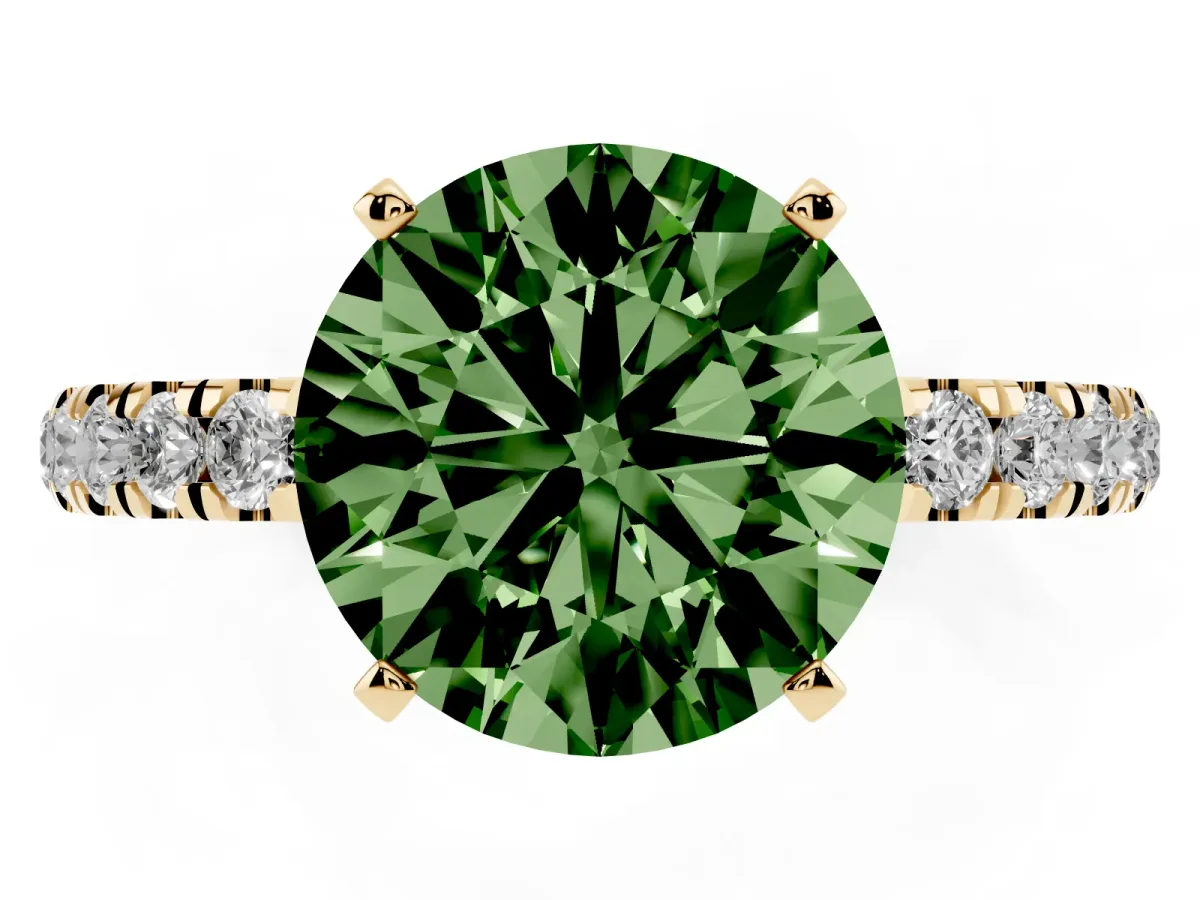 Fancy Green Round Cut Diamond Solitaire Ring with Pavé Accents and Four-Prong Setting Yellow gold