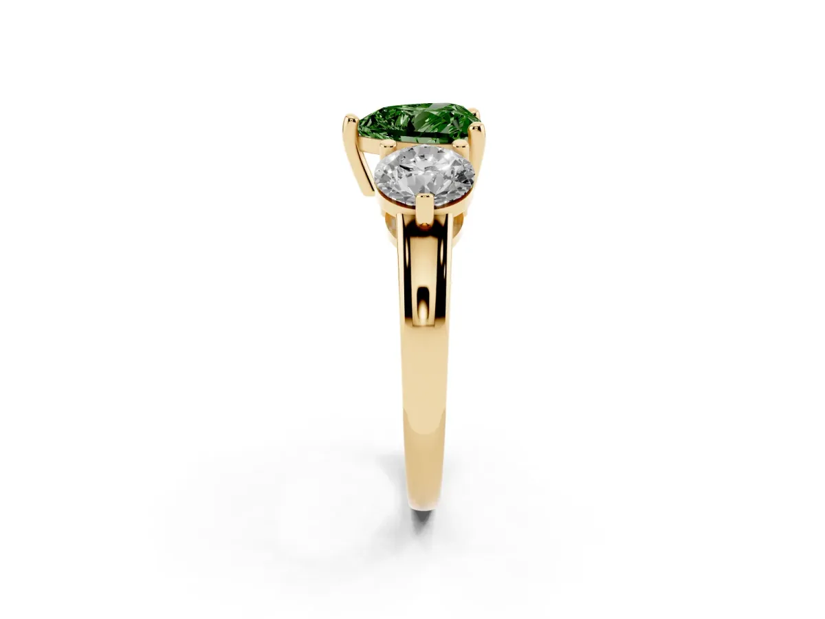 Fancy Green Three-Stone Heart Cut Brilliant Cut Solitaire Ring with Prong Setting on a Classic Band Yellow gold