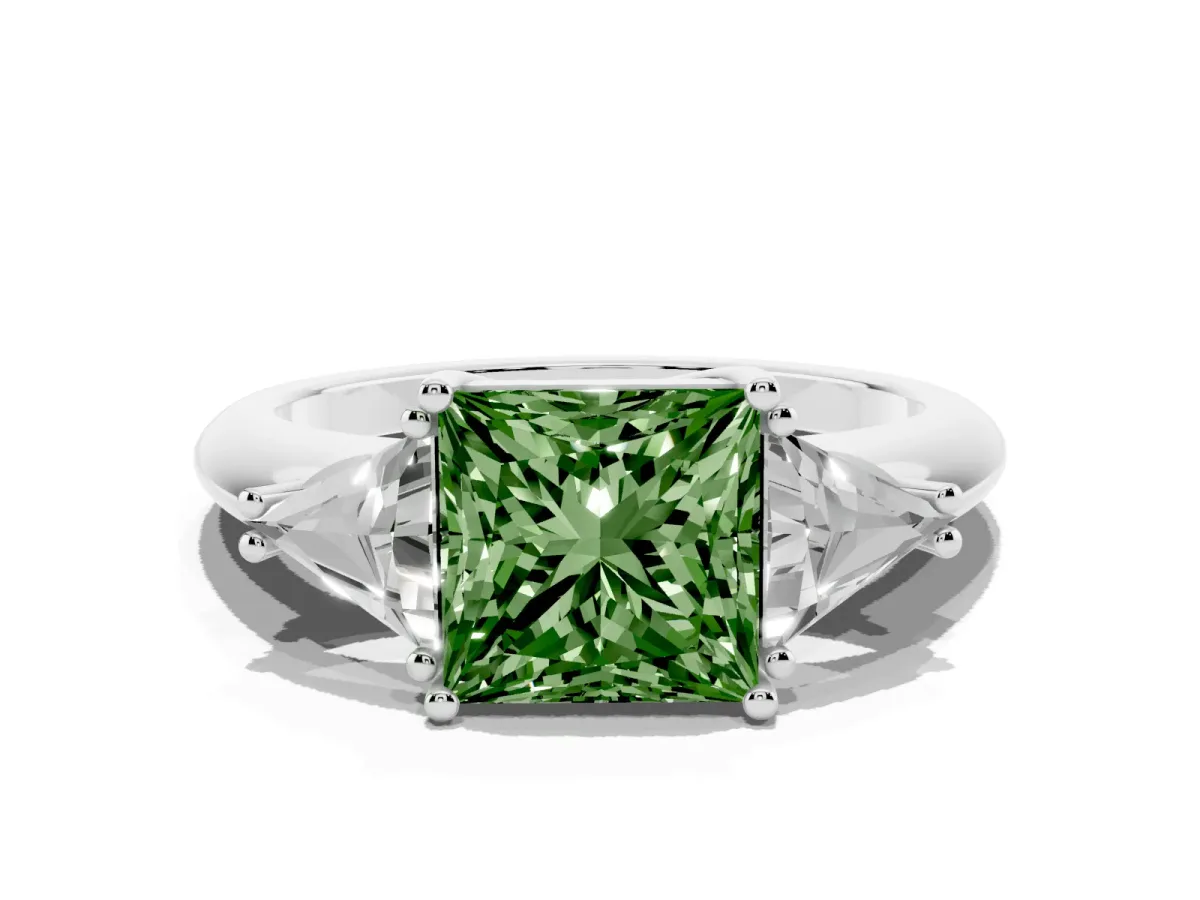 Fancy Green Three-Stone Princess Cut Diamond Engagement Ring with Trillion Side Stones and Prong Setting Platinum