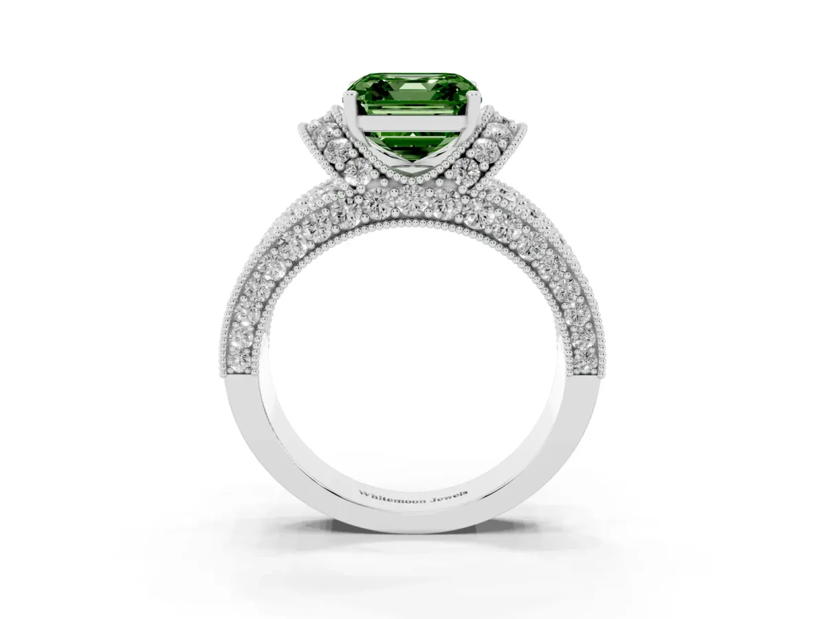 Fancy Green Asscher Cut Halo Pave Diamond Engagement Ring with Milgrain Detailing Platinum