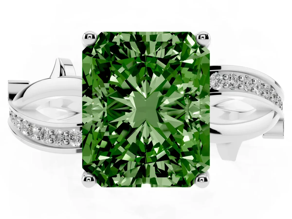 Fancy Green Radiant Cut Solitaire Twist Band with Pavé Accents and Four-Prong Setting White gold
