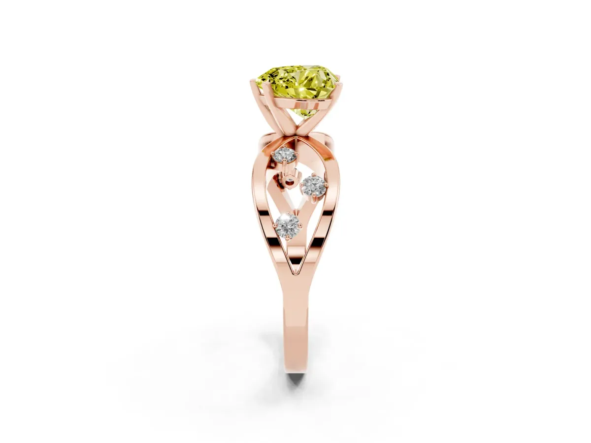 Fancy Yellow Heart Cut Cut Solitaire Diamond with Side Stones on Criss-Cross Band and Four-Prong Setting Rose gold