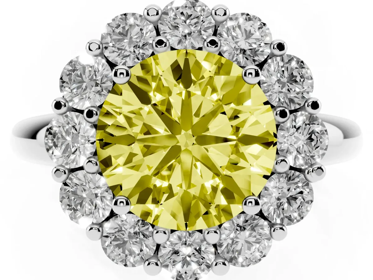Fancy Yellow Round Cut Halo Cluster Diamond Engagement Ring with Prong Setting and Polished Band Silver