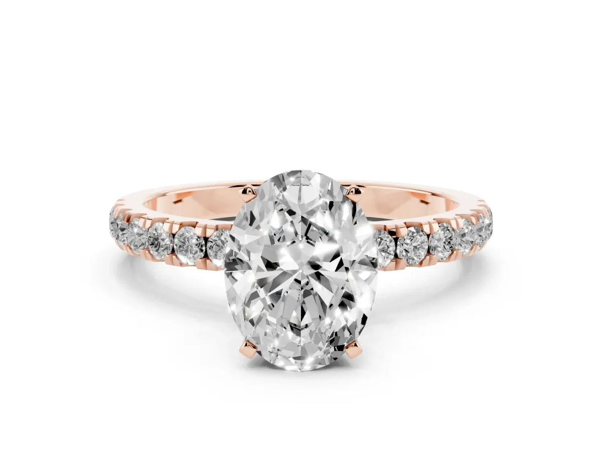Oval Cut Diamond Solitaire Ring with Pavé Accents and Four-Prong Setting Rose gold