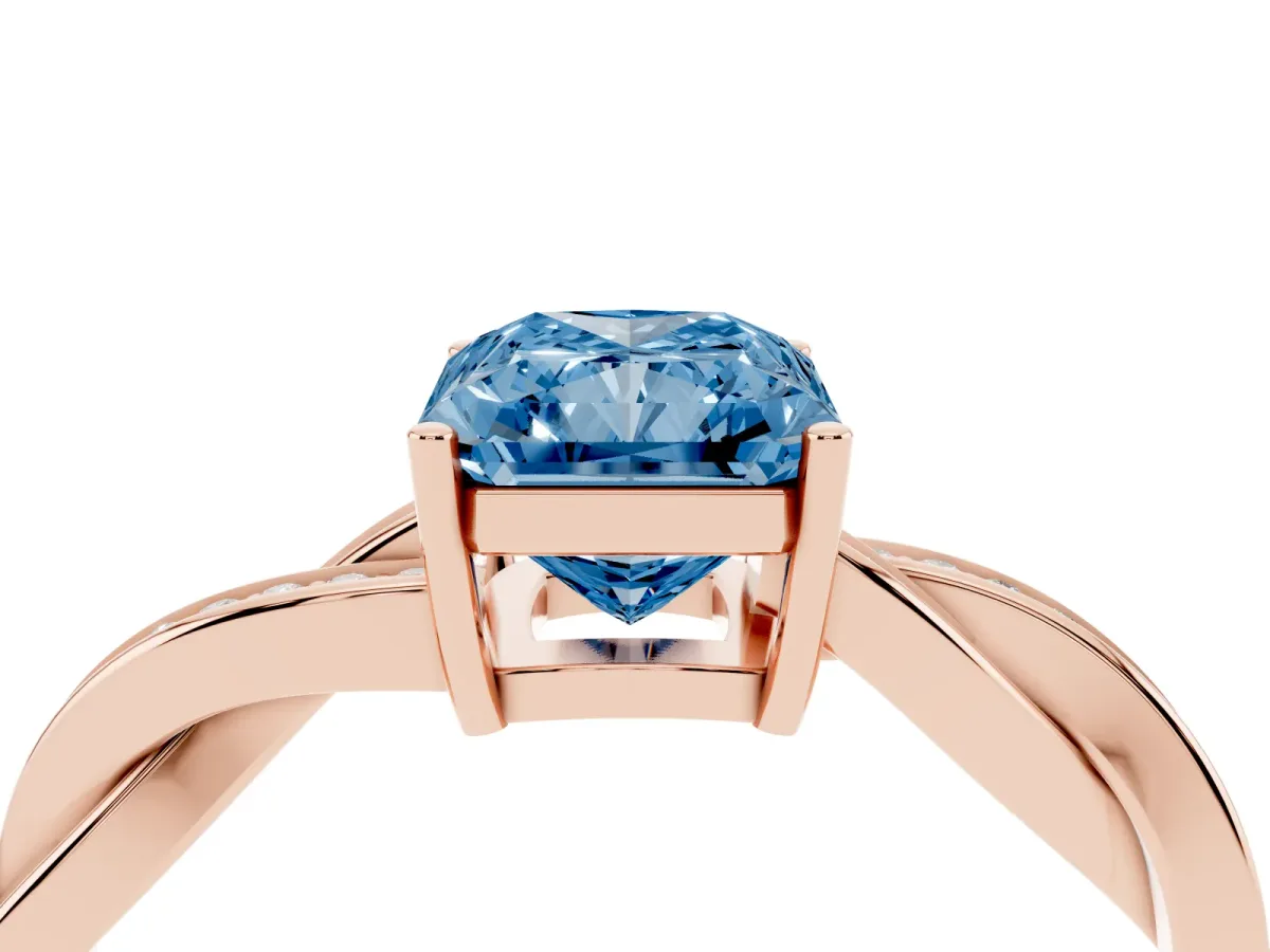 Fancy Blue Radiant Cut Solitaire Twisted Pave Diamond Ring with Four-Prong Setting Rose gold