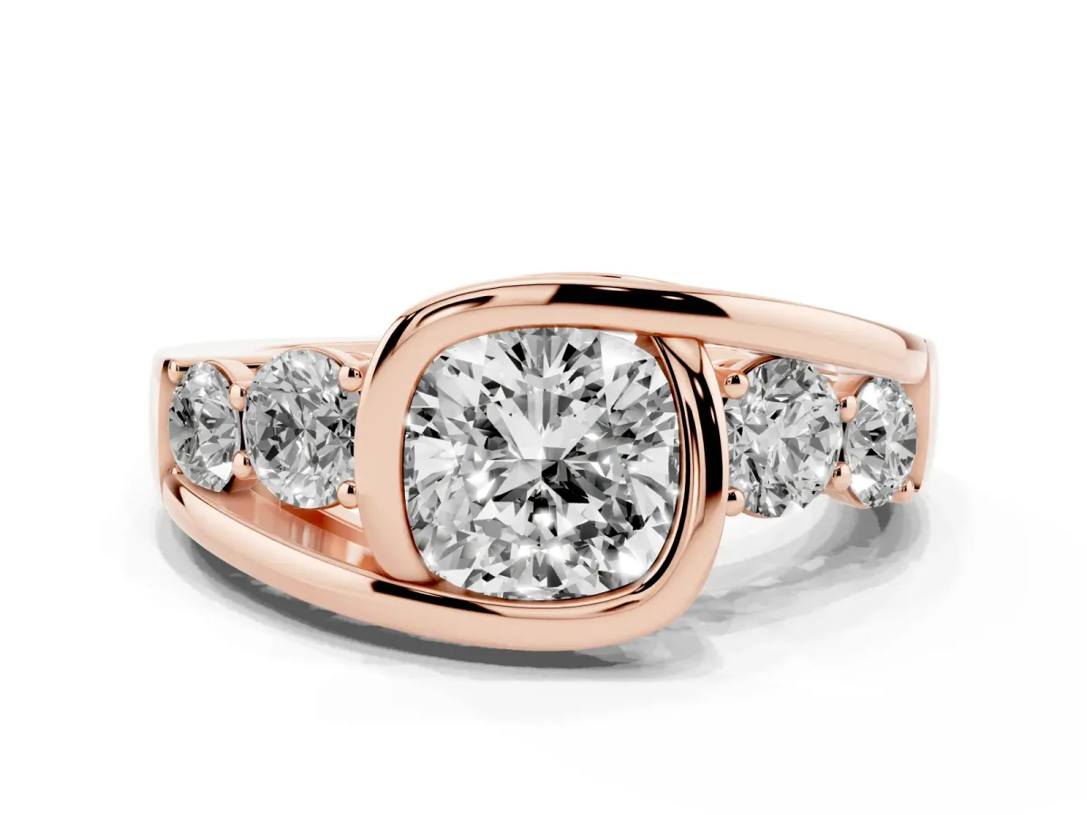 Bezel Set Cushion Cut Diamond Bypass Ring with Round Accents Rose gold