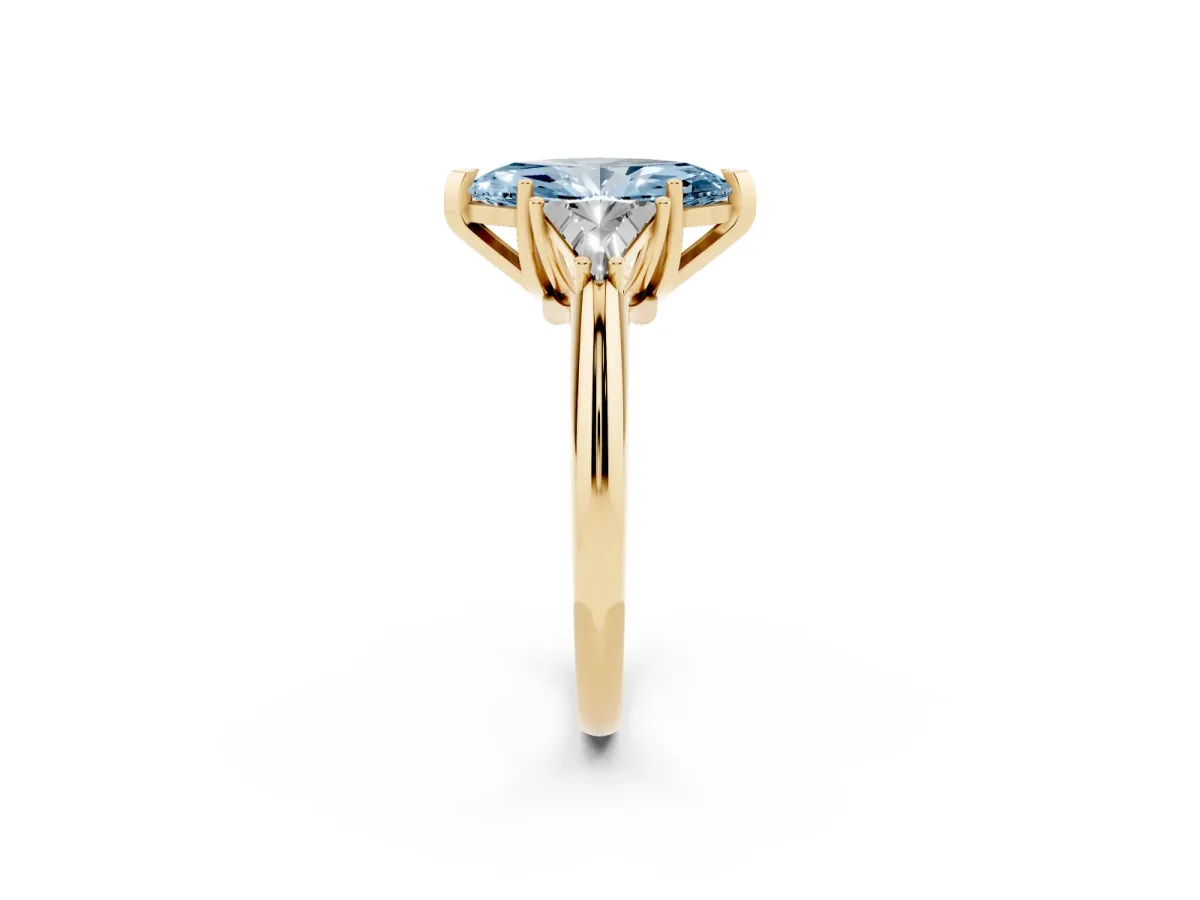 Fancy Blue Three-Stone Marquise Cut Diamond Engagement Ring with Trillion Side Stones and Prong Setting Yellow gold