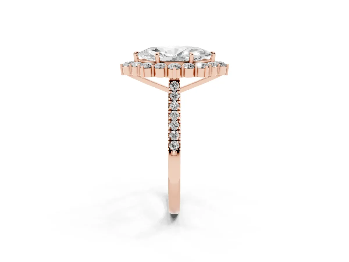 Marquise Cut Halo Diamond Ring with Pavé Band and Prong Setting Rose gold