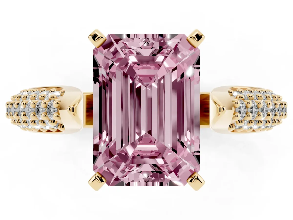 Fancy Pink Emerald Cut Diamond Solitaire Engagement Ring with Multi-Row Round Pavé Band and Prong Setting Yellow gold