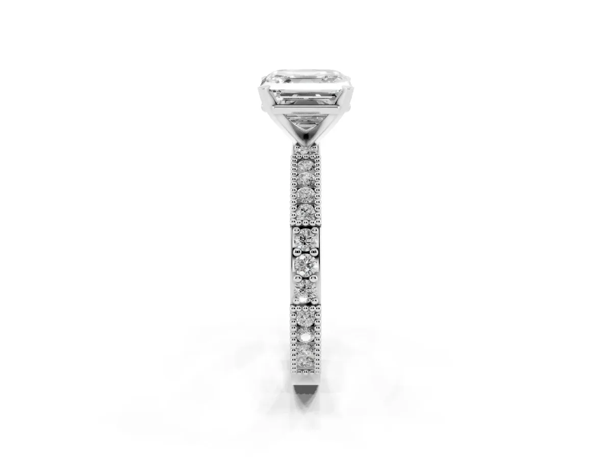 Asscher Cut Solitaire with Pavé Band and Four-Prong Setting Silver