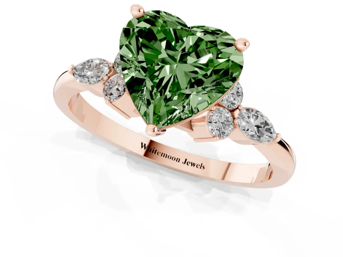 Fancy Green Heart Cut Brilliant Diamond Solitaire Ring with Pear Side Stones and Four-Prong Setting Rose gold