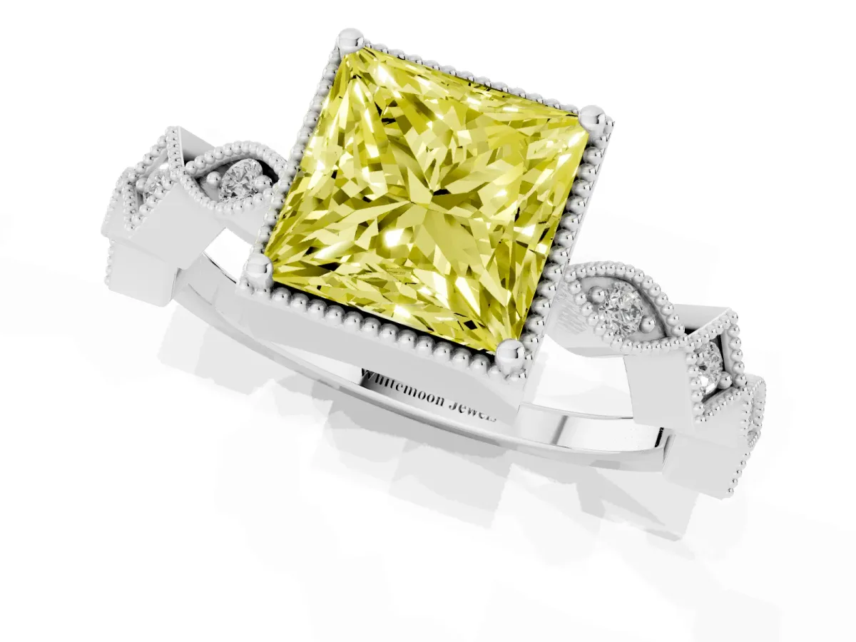 Fancy Yellow Princess Cut Milgrain Marquise Diamond Twist Band Ring Silver