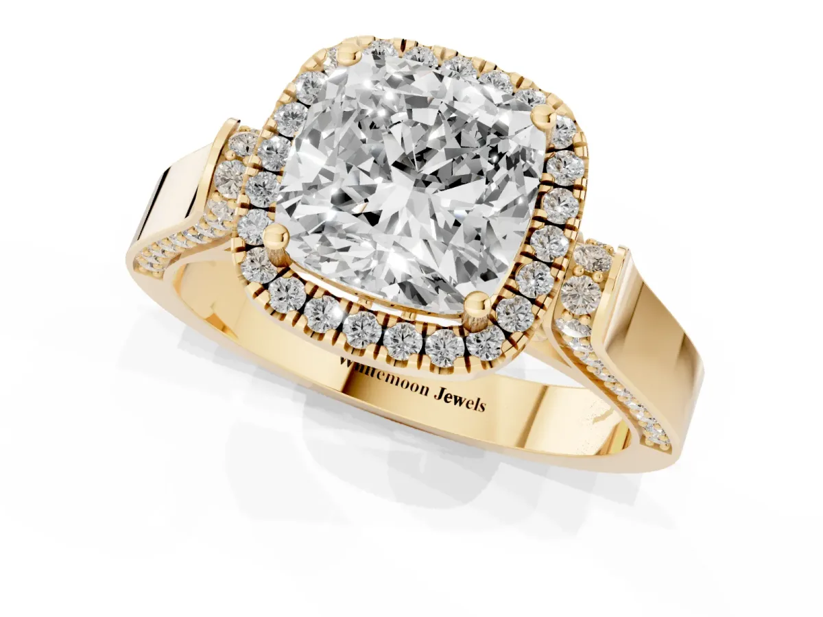 Cushion Cut Halo Pave Split Shank Prong Setting Ring Yellow gold