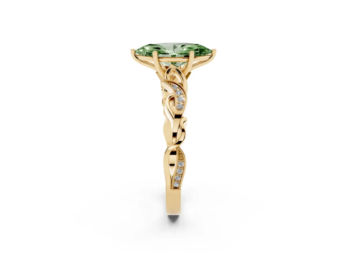 Fancy Green Marquise Cut Solitaire Vine Band with Milgrain Prong Setting Yellow gold