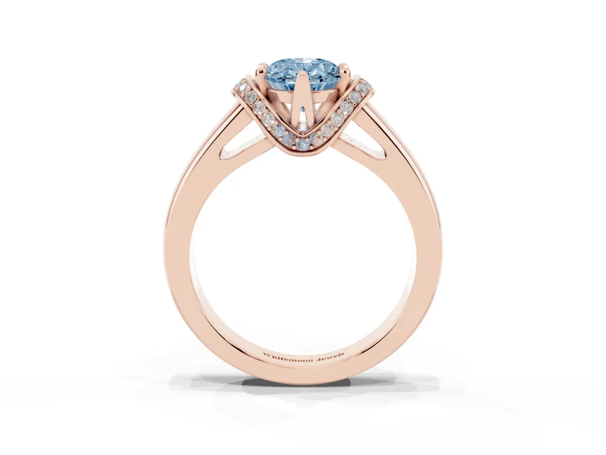Fancy Blue Oval Cut Solitaire Diamond Ring with Pave Band and Six-Prong Setting Rose gold