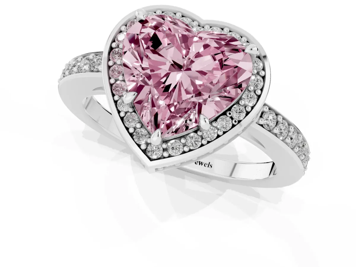 Fancy Pink Heart Cut Halo Pave Band Solitaire Ring with Prong Setting Silver