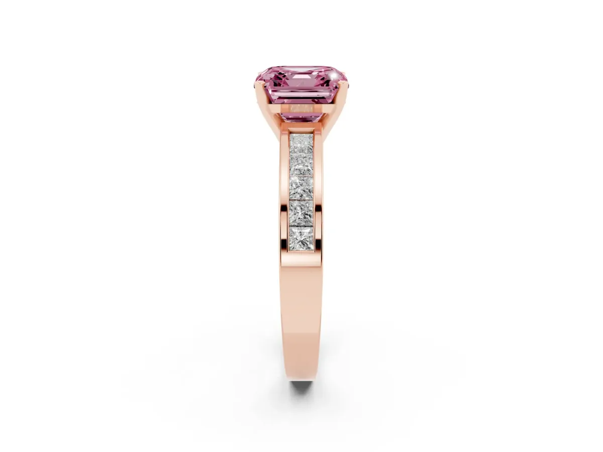 Fancy Pink Asscher Cut Solitaire Diamond Ring with Channel-Set Band and Four-Prong Setting Rose gold