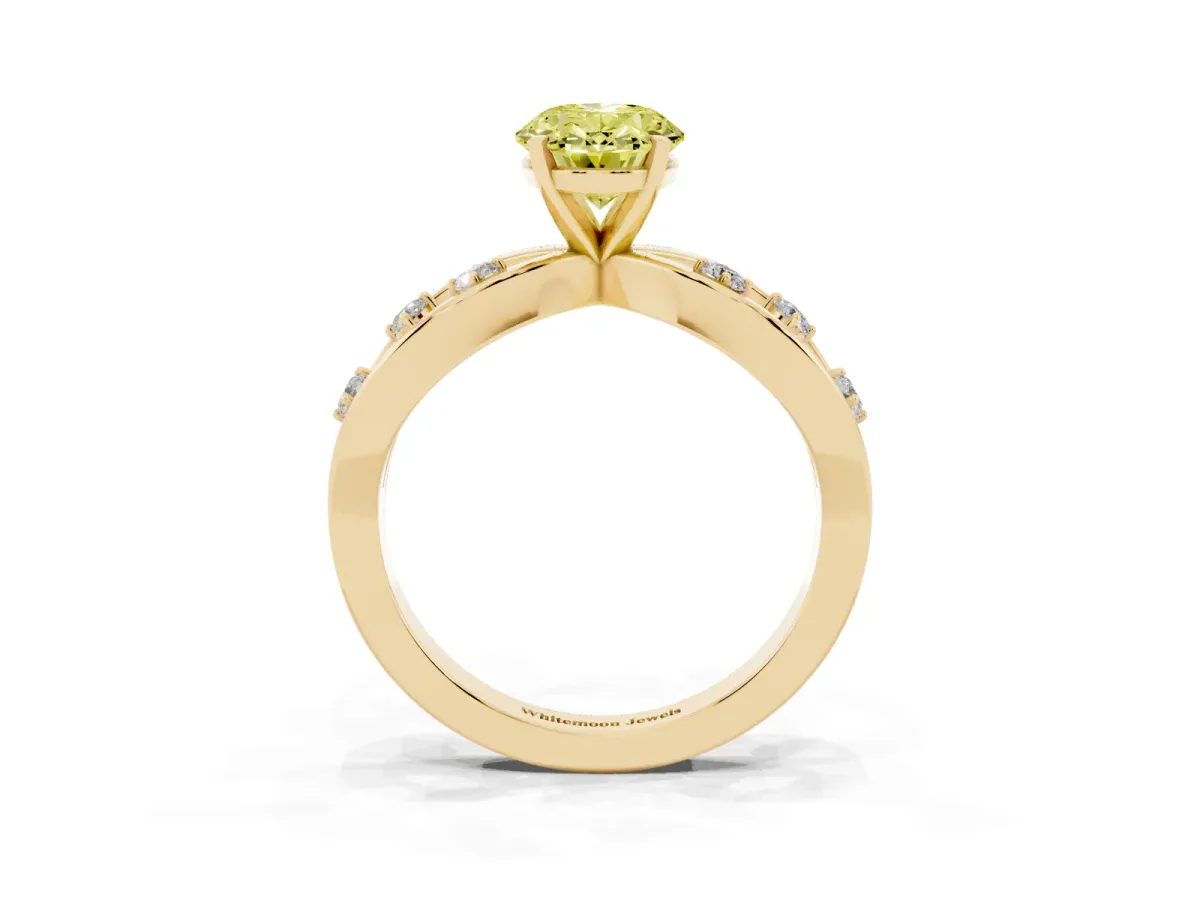 Fancy Yellow Oval Cut Cut Solitaire Diamond with Side Stones on Criss-Cross Band and Four-Prong Setting Yellow gold