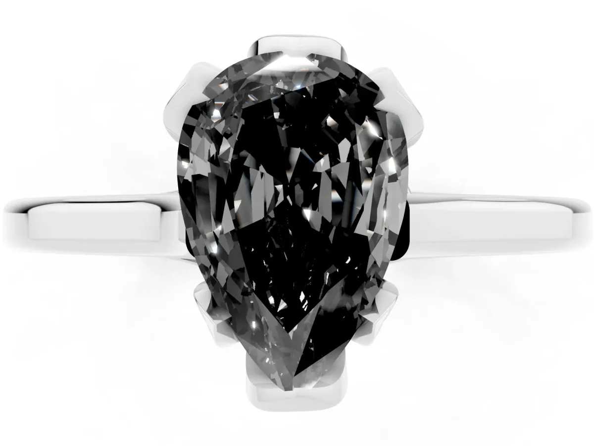 Fancy Black Pear Cut Diamond Solitaire Ring with Flower Prong Setting and Classic Band Silver