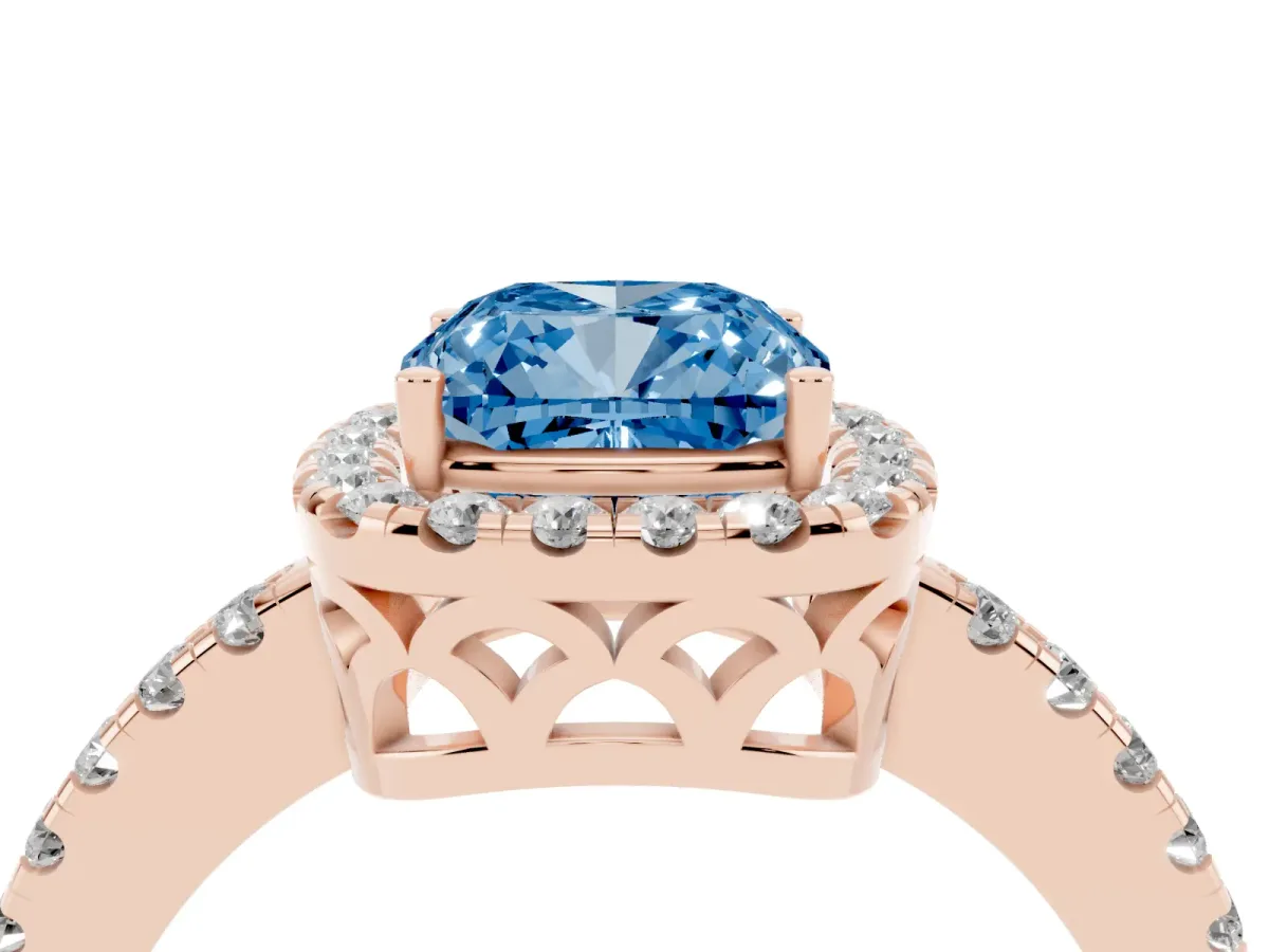 Fancy Blue Cushion Cut Halo Diamond Engagement Ring with Pavé Band and Four-Prong Setting Rose gold
