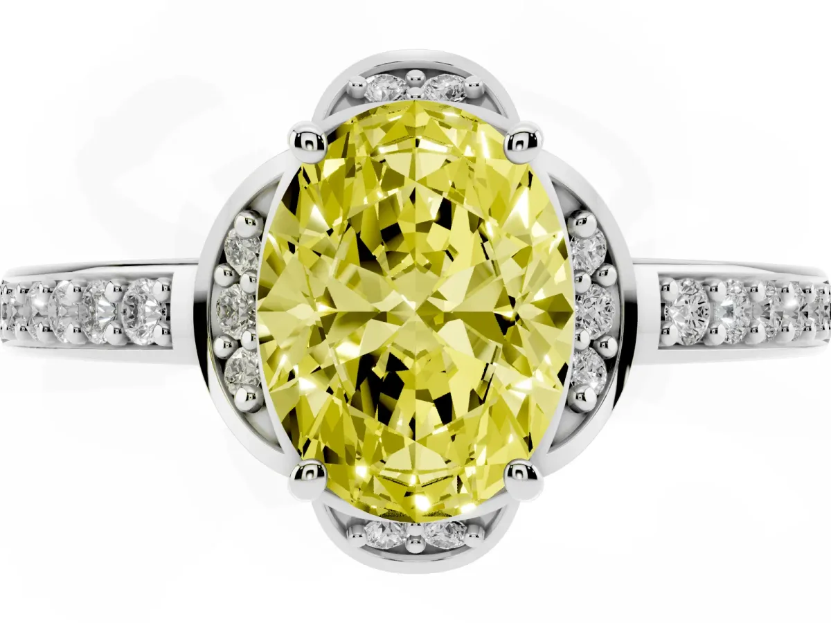 Fancy Yellow Oval Cut Cut Halo Diamond Ring with Channel Set Band and Four-Prong Setting Platinum