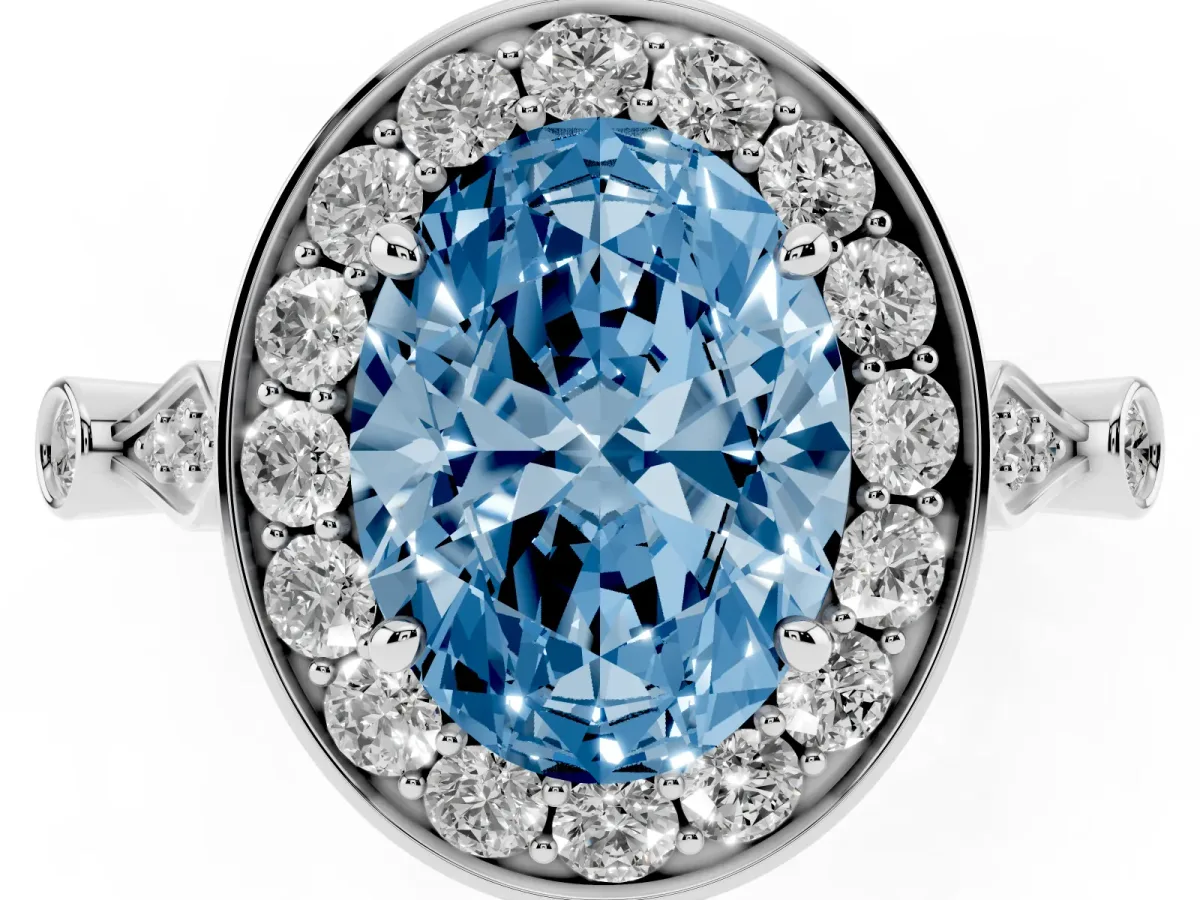 Fancy Blue Oval Cut Halo Diamond Engagement Ring with Twisted Band and Four-Prong Setting Silver