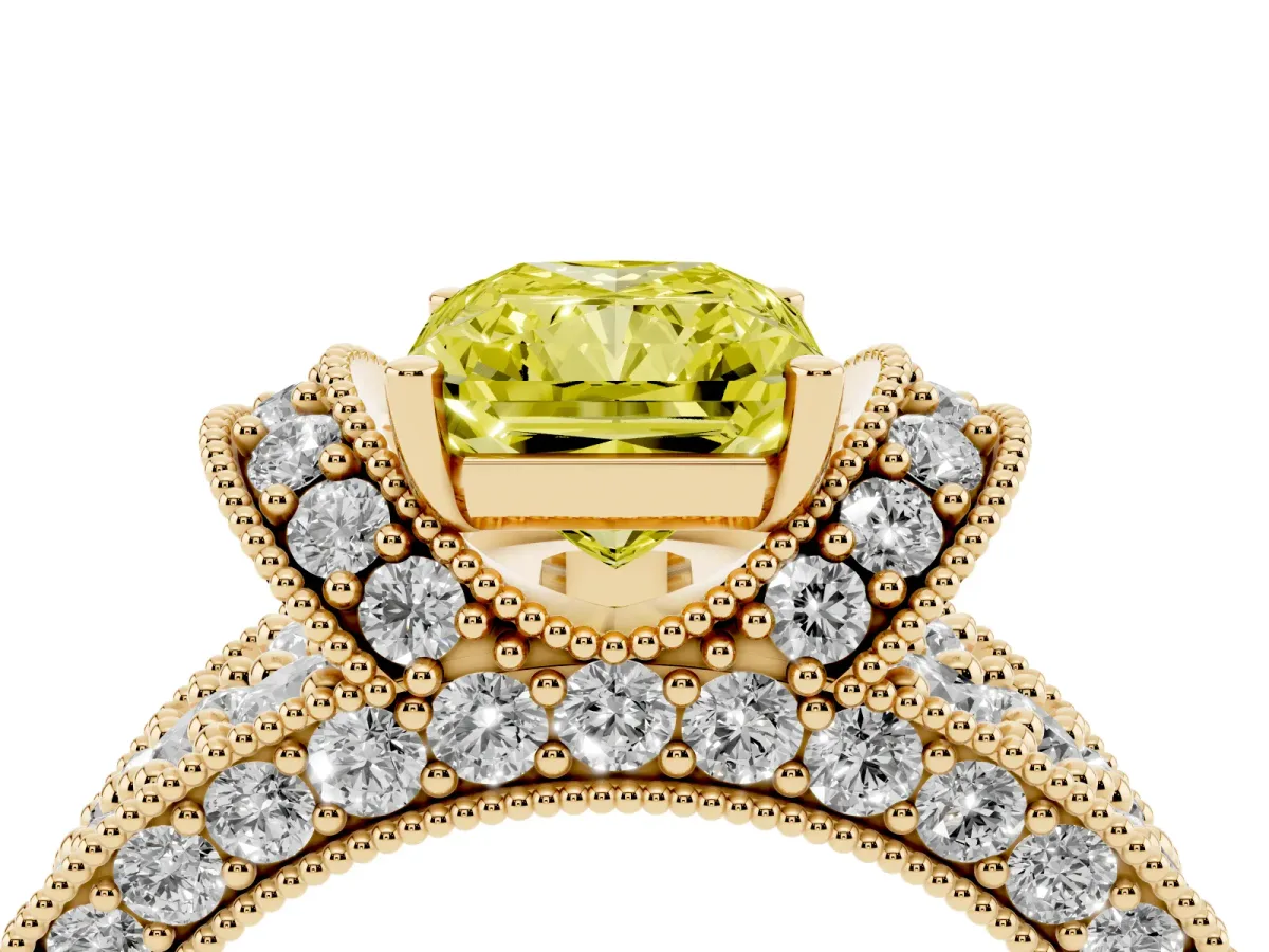 Fancy Yellow Radiant Cut Halo Pave Diamond Engagement Ring with Milgrain Detailing Yellow gold