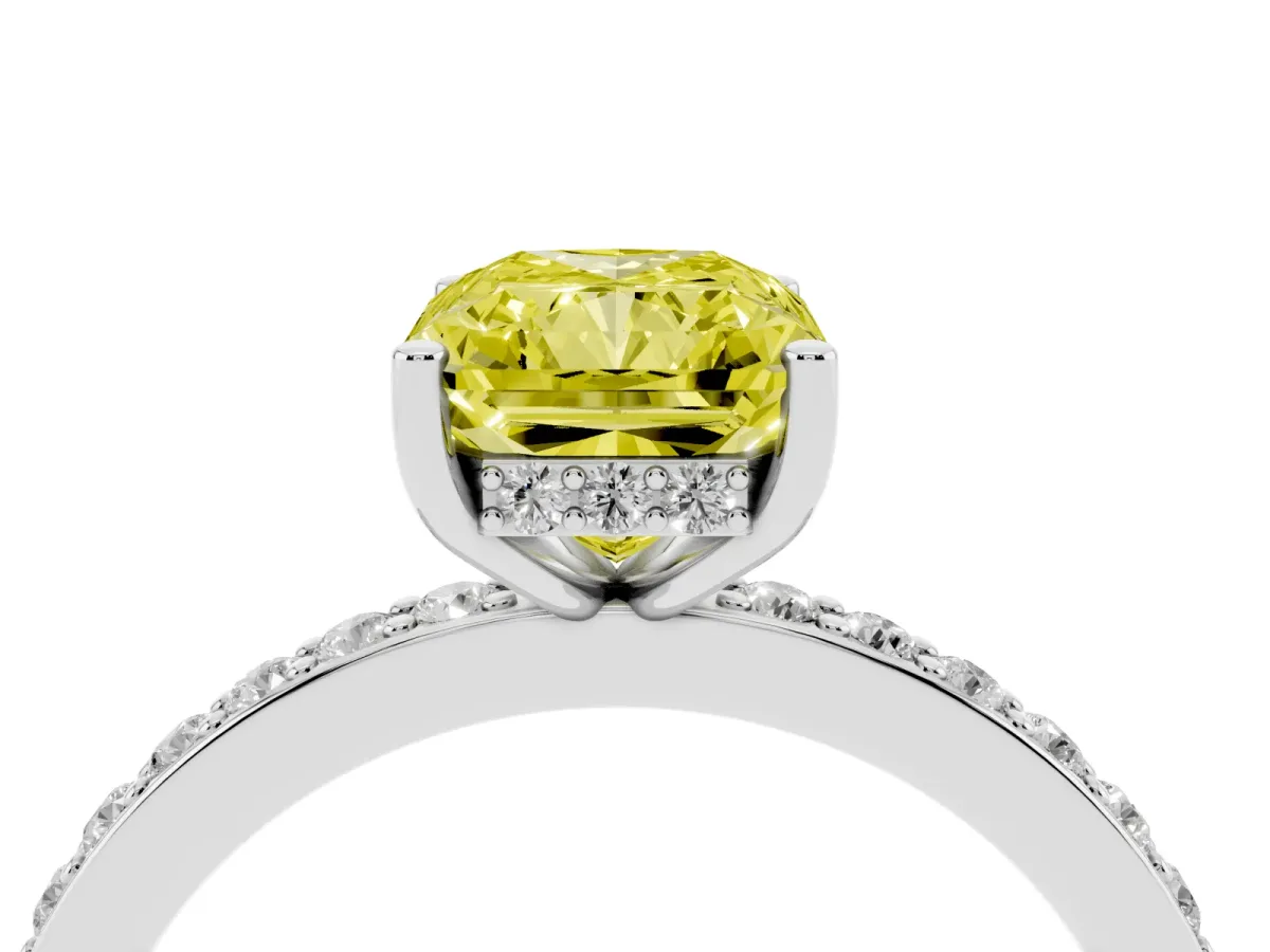 Fancy Yellow Radiant Cut Cut Diamond Pavé Band Ring with Four-Prong Setting Silver