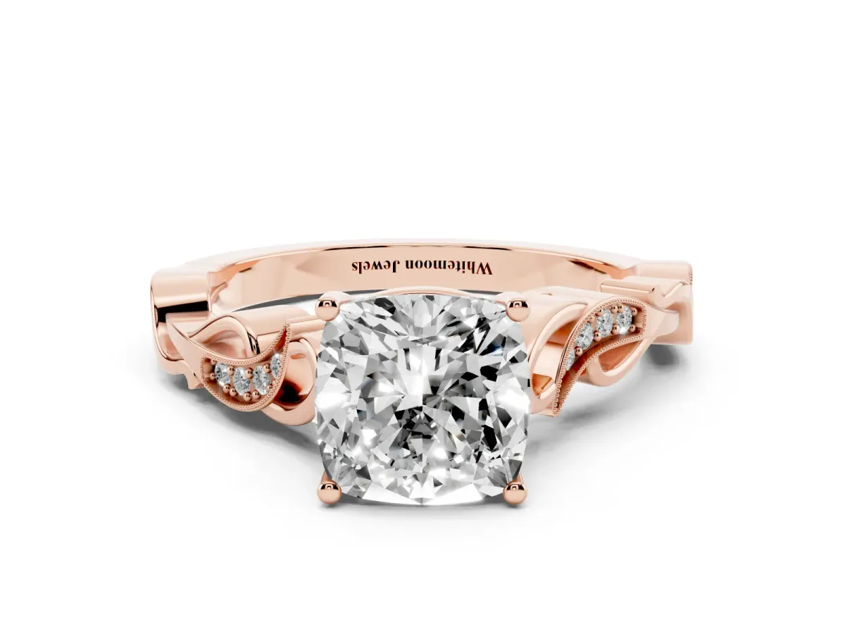 Cushion Cut Solitaire Vine Band with Milgrain Prong Setting Rose gold