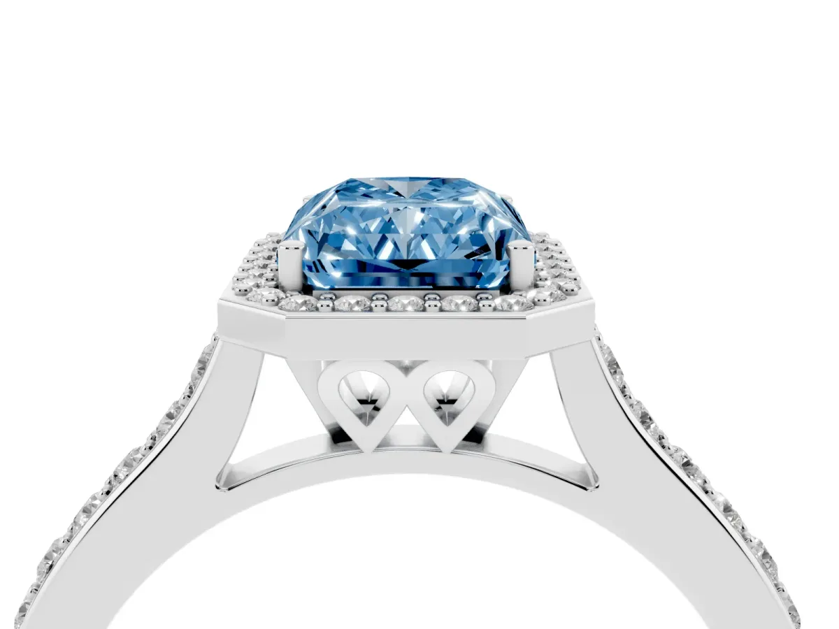 Fancy Blue Radiant Cut Diamond Halo Engagement Ring with Round Pavé Shoulders and Prong Setting Platinum