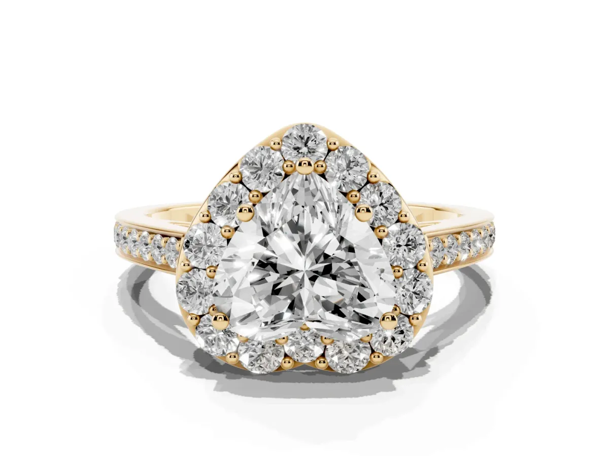 Heart Cut Diamond Floral Halo Ring with Pavé Band and Prong Setting Yellow gold