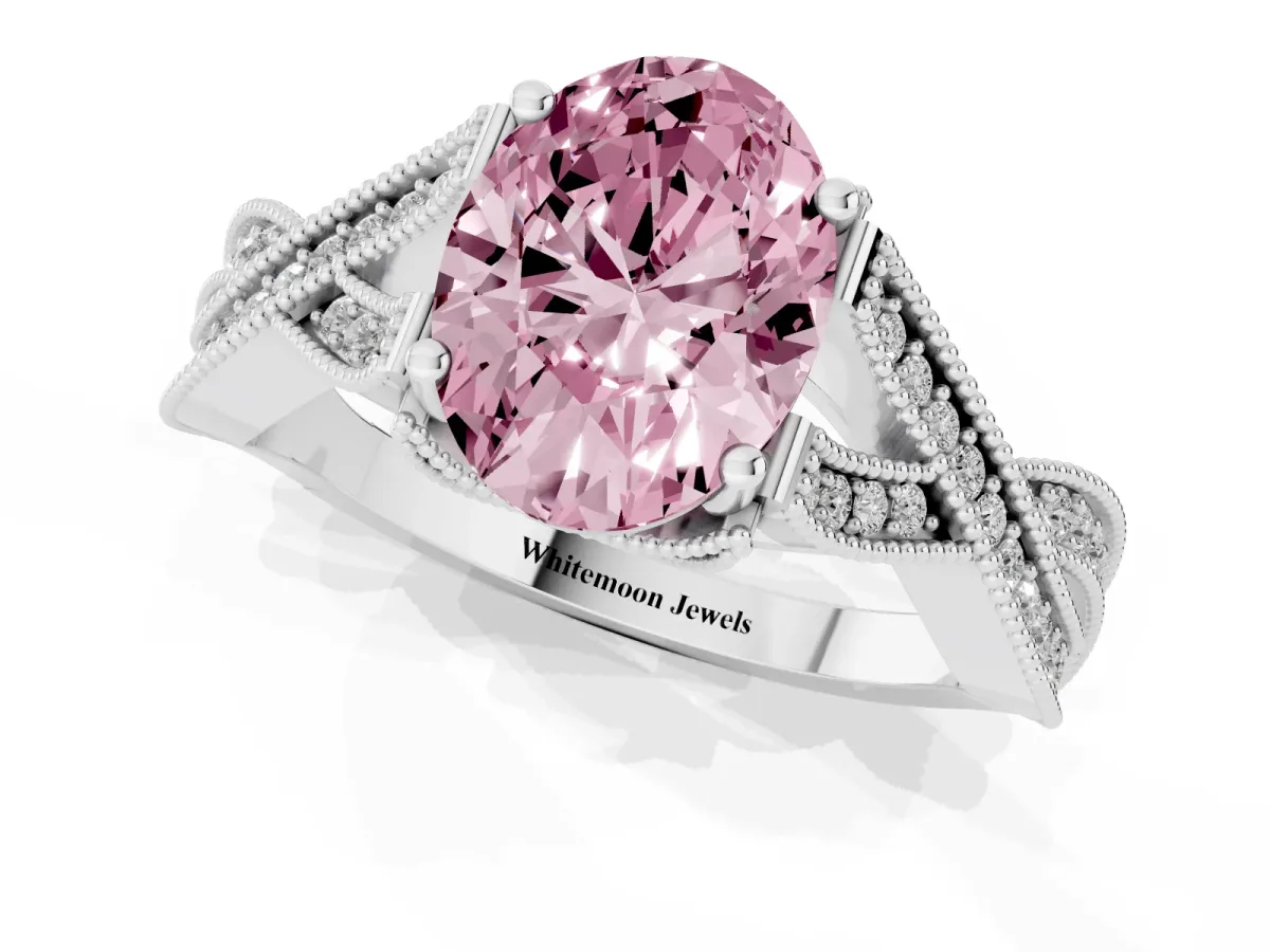 Fancy Pink Oval Cut Cut Diamond Twisted Band with Milgrain Pave Setting and Four-Prong Setting Silver