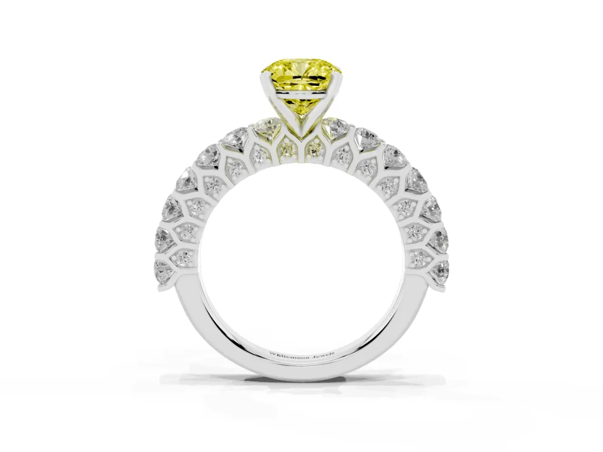 Fancy Yellow Cushion Cut Diamond Solitaire Ring with Shared Prong Pavé Band and Four-Prong Setting Silver