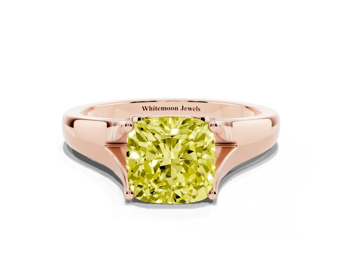 Fancy Yellow Cushion Cut Solitaire Diamond Ring with Cathedral Band and Four-Prong Setting Rose gold
