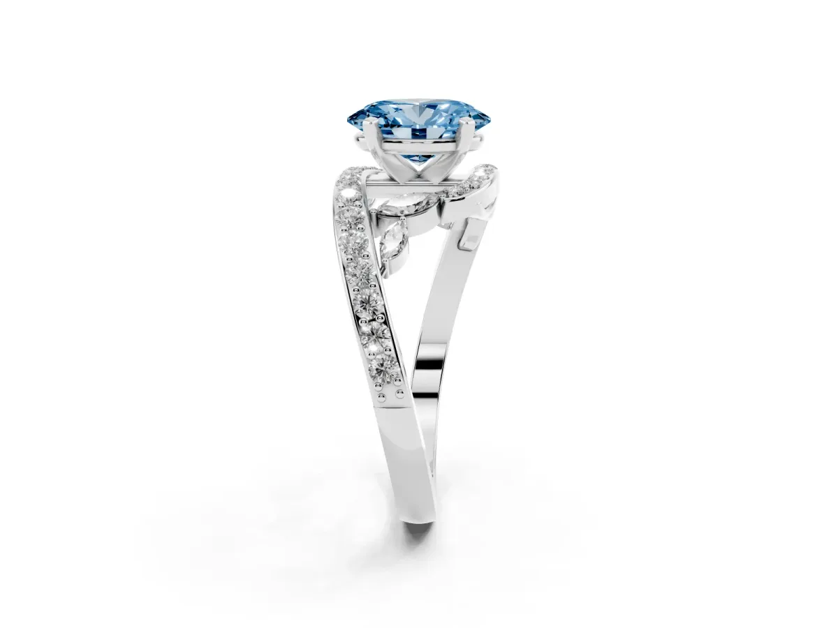 Fancy Blue Oval Cut Solitaire with Pavé Twist Band and Four-Prong Setting Silver