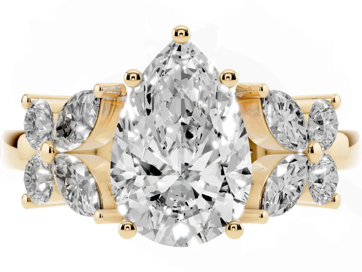 Pear Cut Diamond Floral Cluster Ring with Solitaire Band and Prong Setting Yellow gold