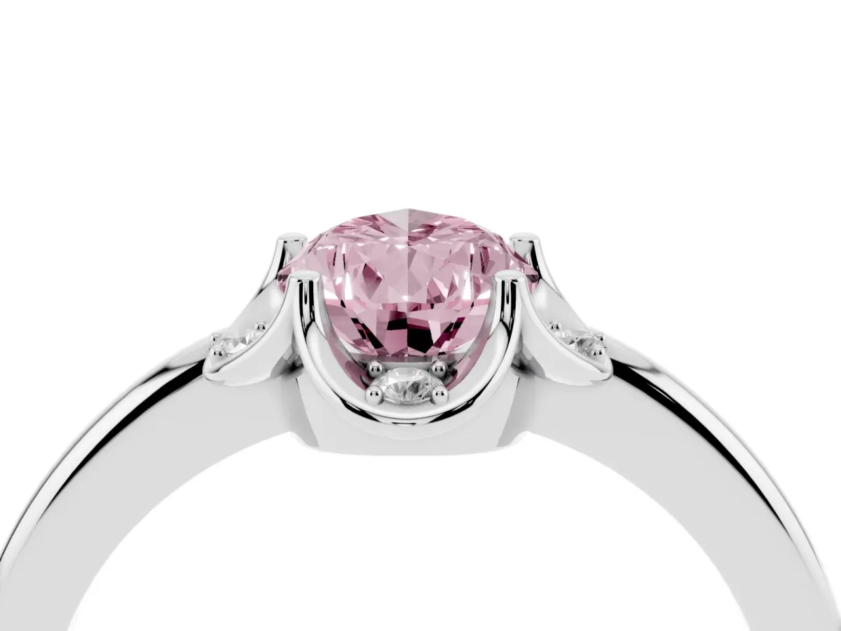 Fancy Pink Pear Cut Halo Diamond Ring with Round Cluster Setting, Solitaire Band, and Four-Prong Setting Platinum