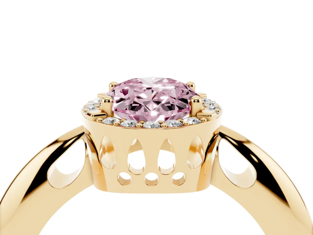 Fancy Pink Oval Cut Cut Diamond Halo Engagement Ring with Split Shank and Four-Prong Setting Yellow gold